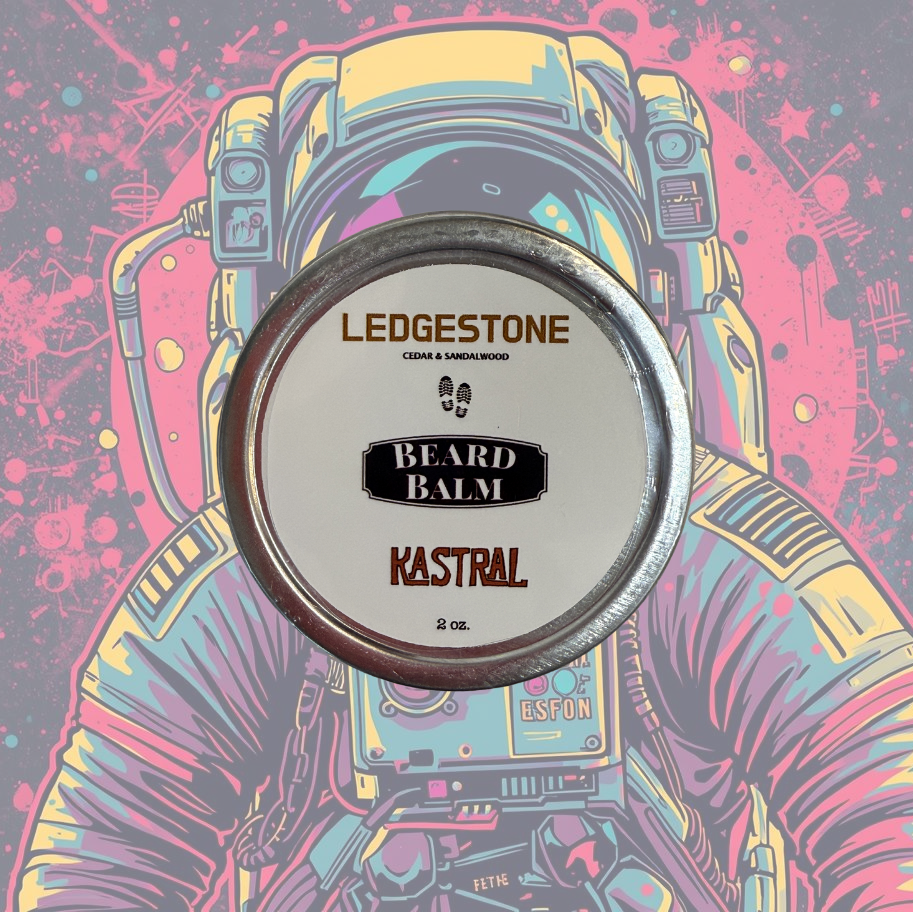 Ledgestone Beard balm by Kastral with an astronaut illustration on a colorful background