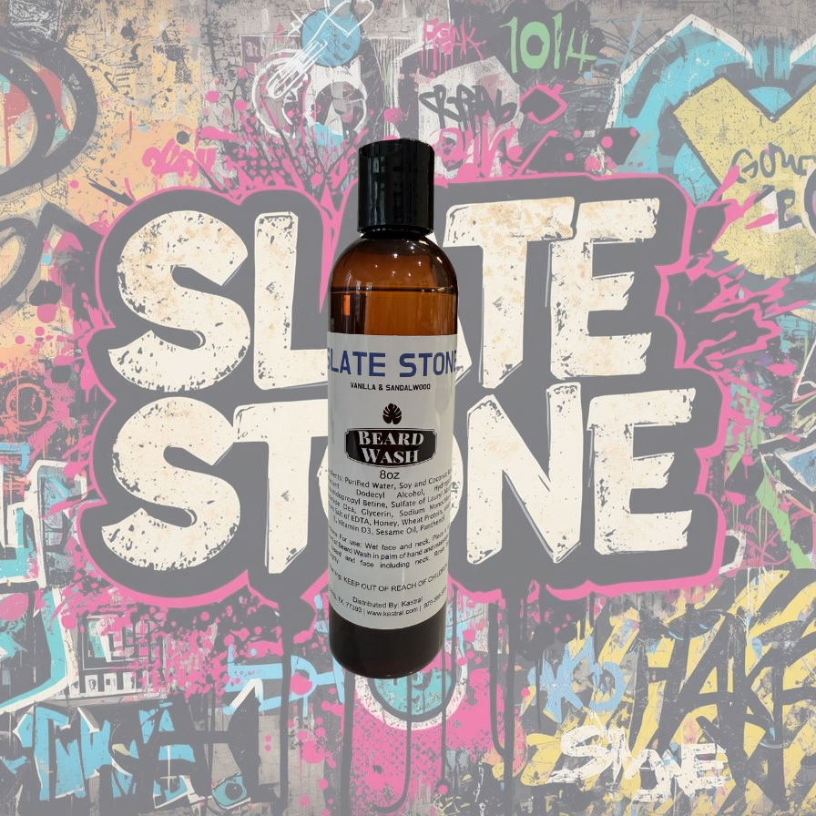Bottle of Slate Stone beard wash against a colorful graffiti background