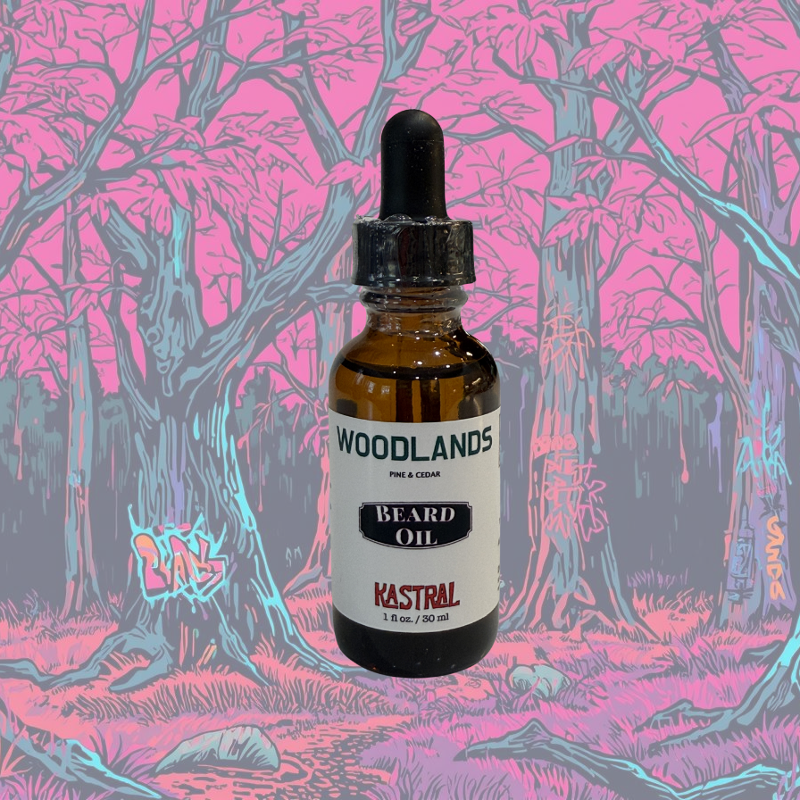 Bottle of Woodlands Beard Oil with a colorful forest background