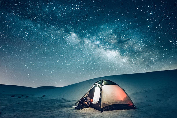 Night time Camping in desert with big sky