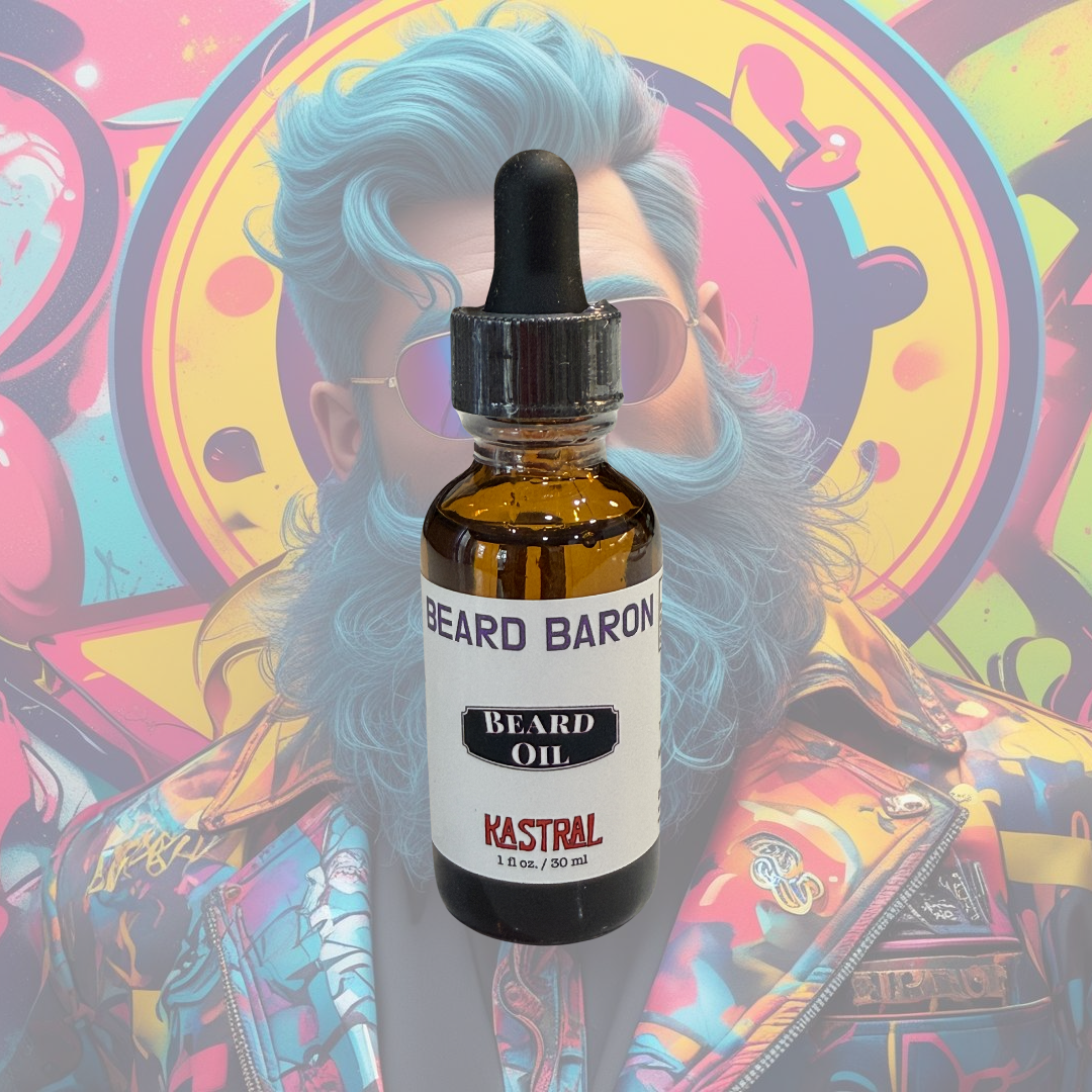 Bottle of Beard Baron beard oil against a colorful abstract background
