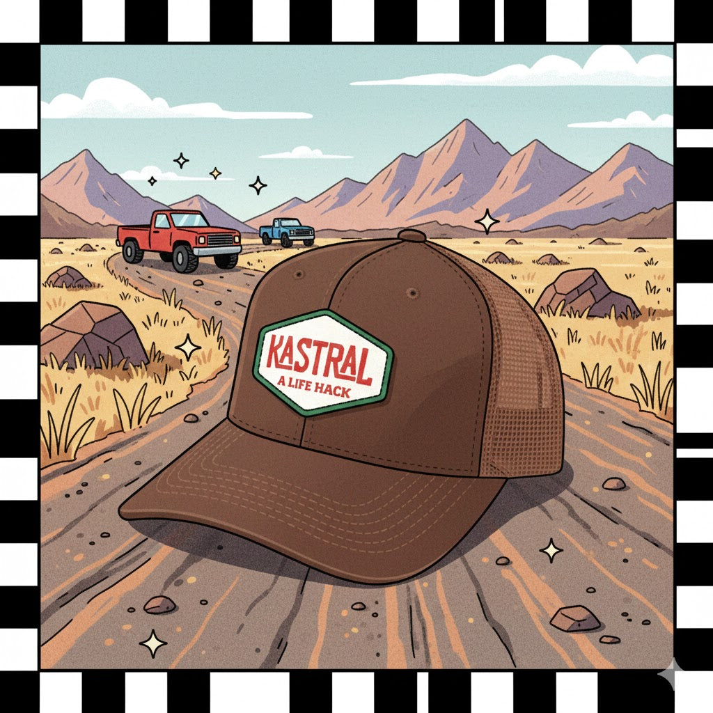 Brown cap with 'Kastral' logo on a desert landscape with mountains and cars.