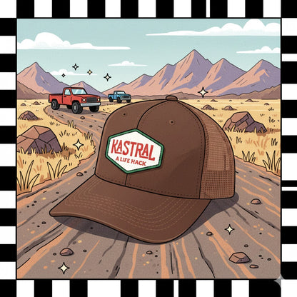 Brown cap with 'Kastral' logo on a desert landscape with mountains and cars.