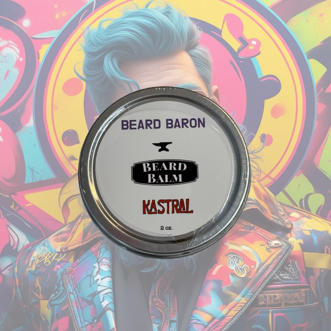Beard balm container labeled 'Beard Baron' with colorful abstract background