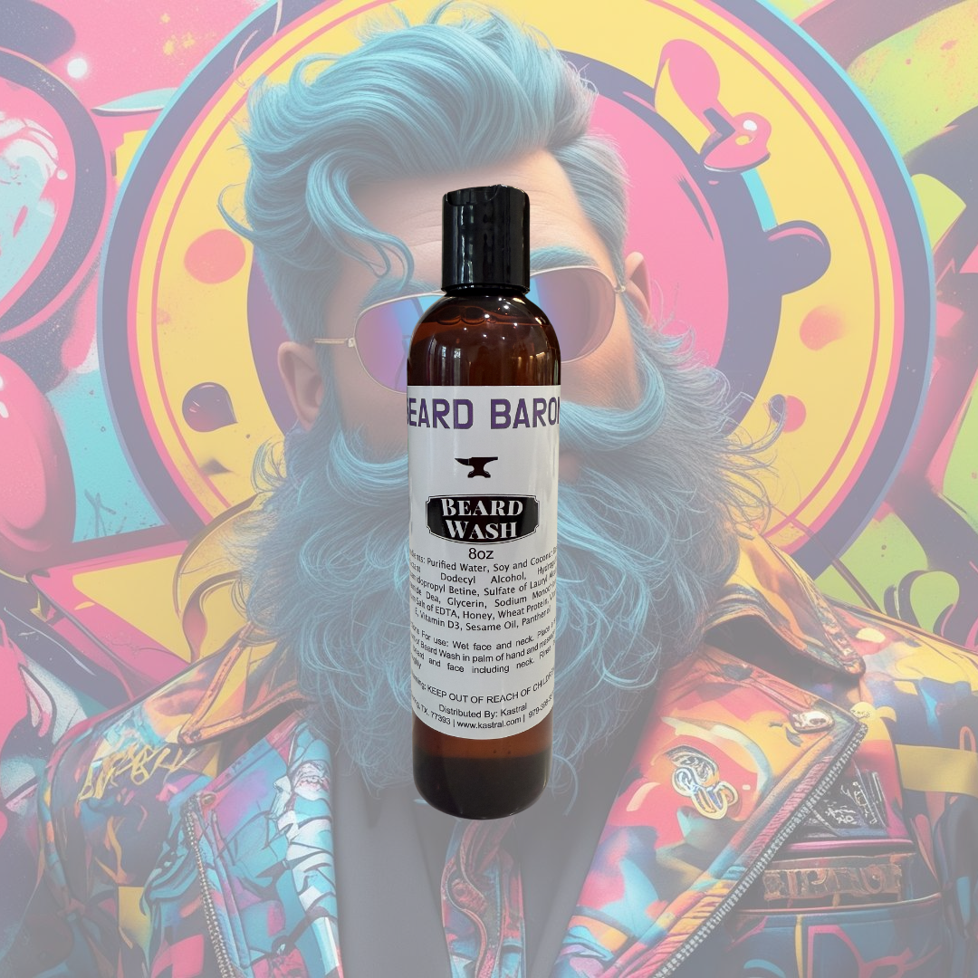 Bottle of beard wash with colorful abstract background