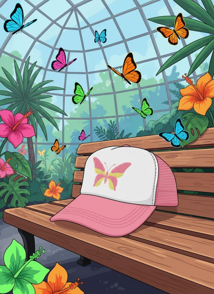 Pink and white cap with butterfly design on a bench in a butterfly garden