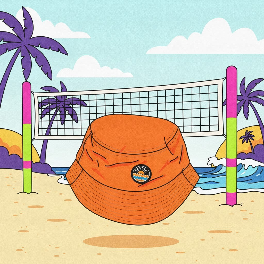 Orange bucket hat with a logo on a beach with palm trees and a volleyball net.