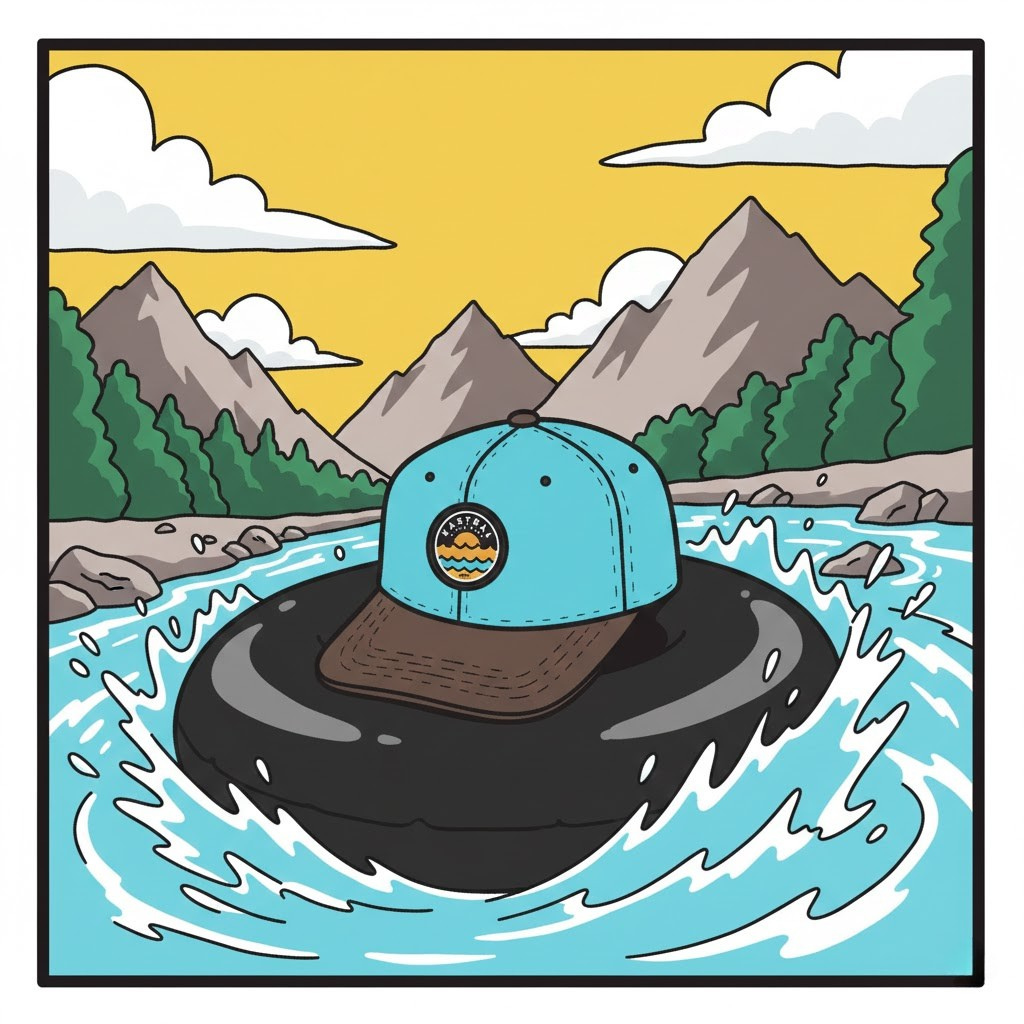 Illustration of a blue and brown cap on an inner tube in a river with mountains in the background