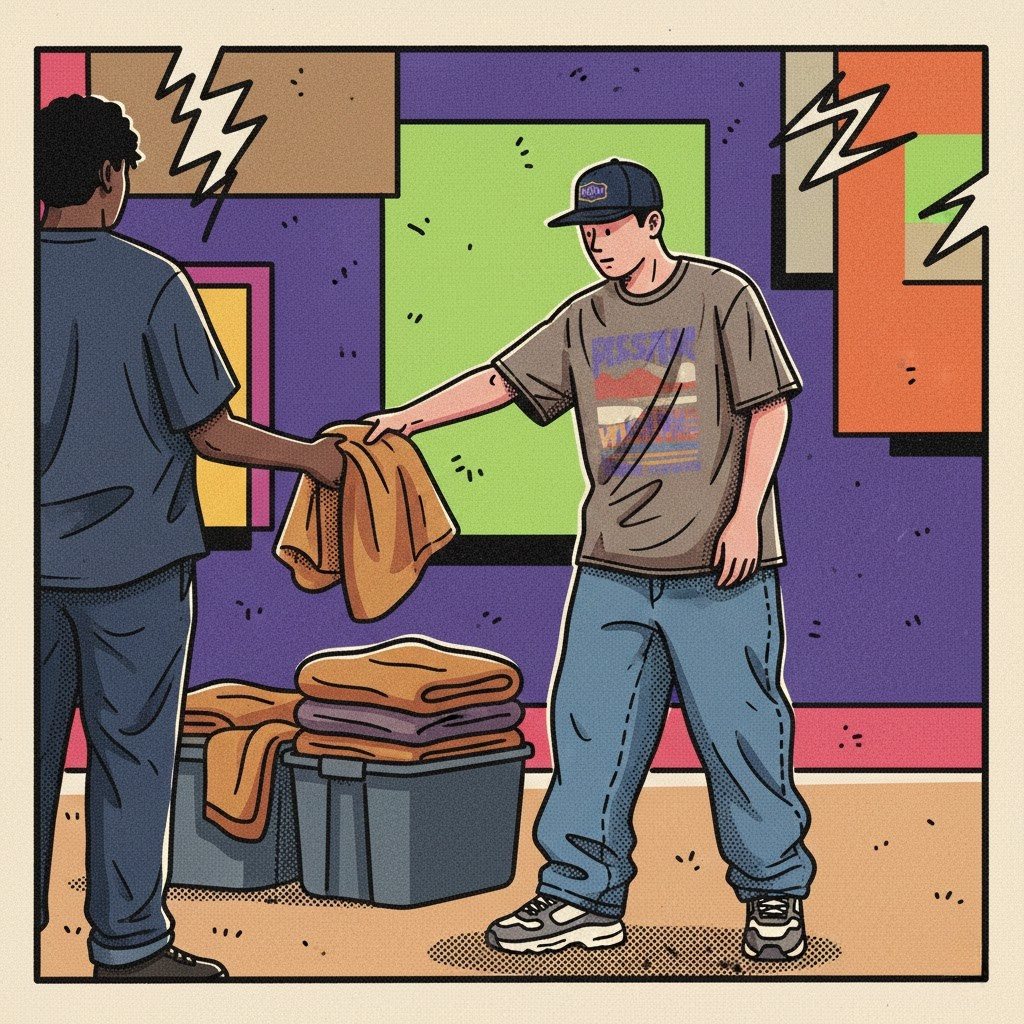 Illustration of two people exchanging clothes in a colorful room.