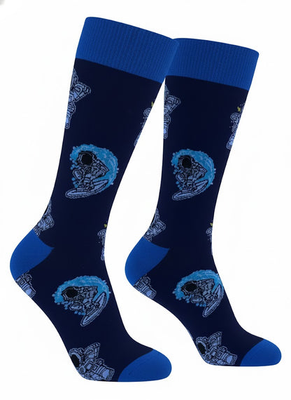 Pair of navy socks with blue accents and hedgehog design on a white background