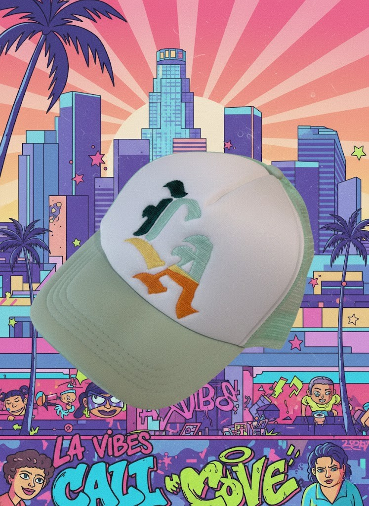 Cap with colorful design against a vibrant cityscape and cartoon characters background
