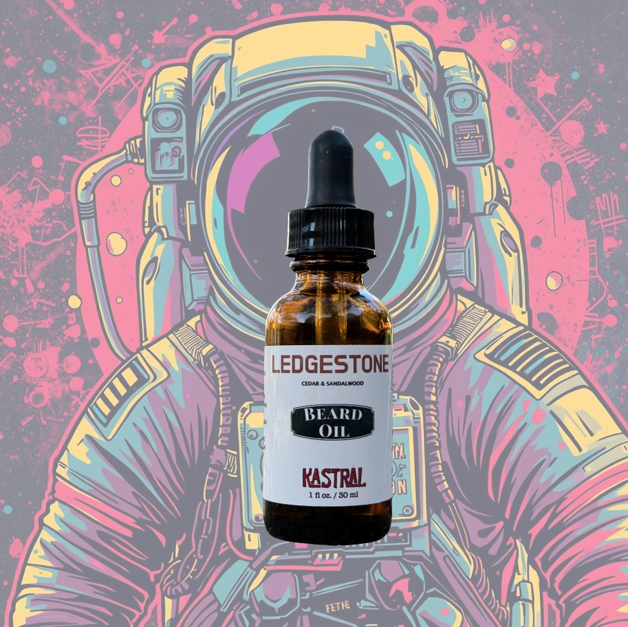 Bottle of Ledgestone Kastral beard oil in front of a colorful astronaut illustration