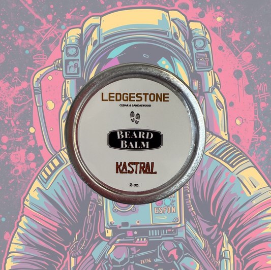 Ledgestone Beard balm by Kastral with an astronaut illustration on a colorful background