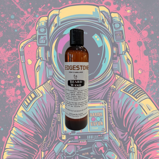Bottle of Ledgestone beard wash in front of an astronaut illustration with a colorful, abstract background.