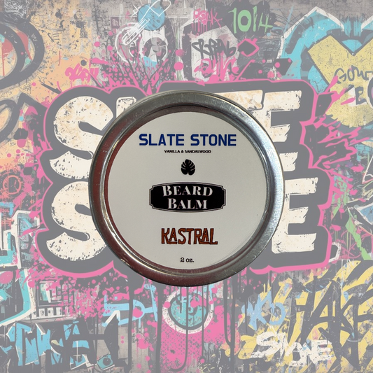 Beard balm container labeled 'Slate Stone' on a colorful graffiti background