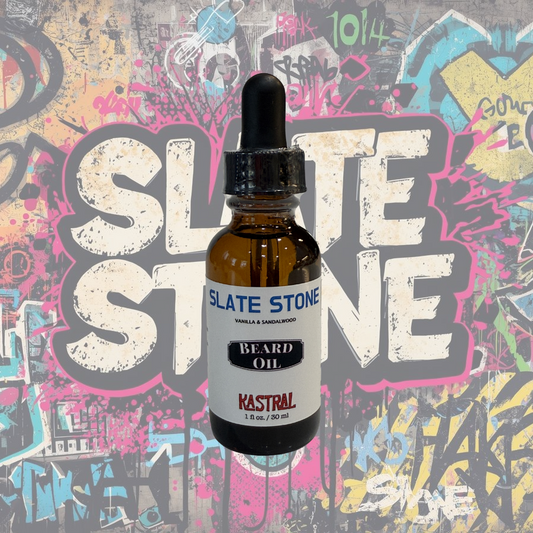Bottle of Slate Stone beard oil against a colorful graffiti background