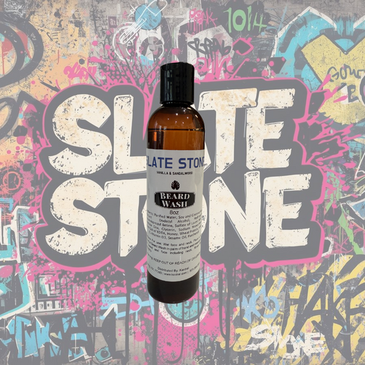 Bottle of Slate Stone beard wash against a colorful graffiti background