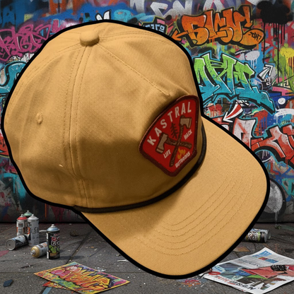 Beige cap with a patch on a graffiti-covered wall background