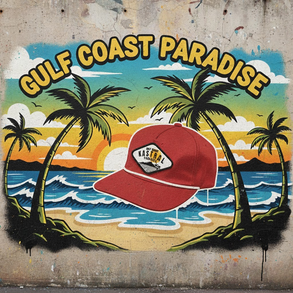 Gulf Coast Paradise mural with palm trees and a red cap on a concrete wall.