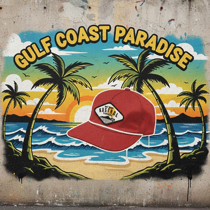 Gulf Coast Paradise mural with palm trees and a red cap on a concrete wall.