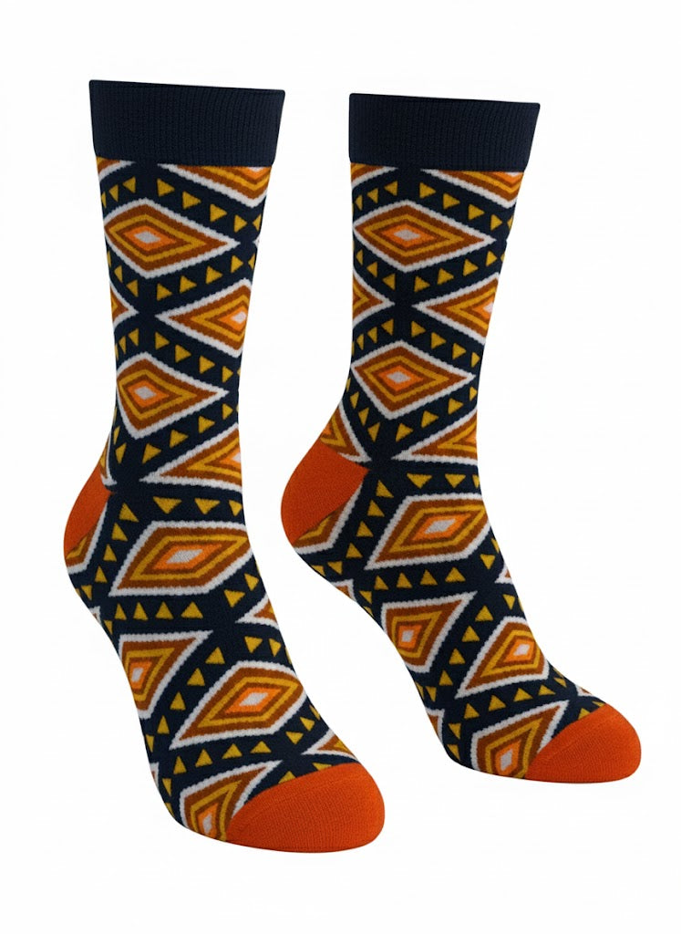 Pair of socks with geometric pattern on a white background
