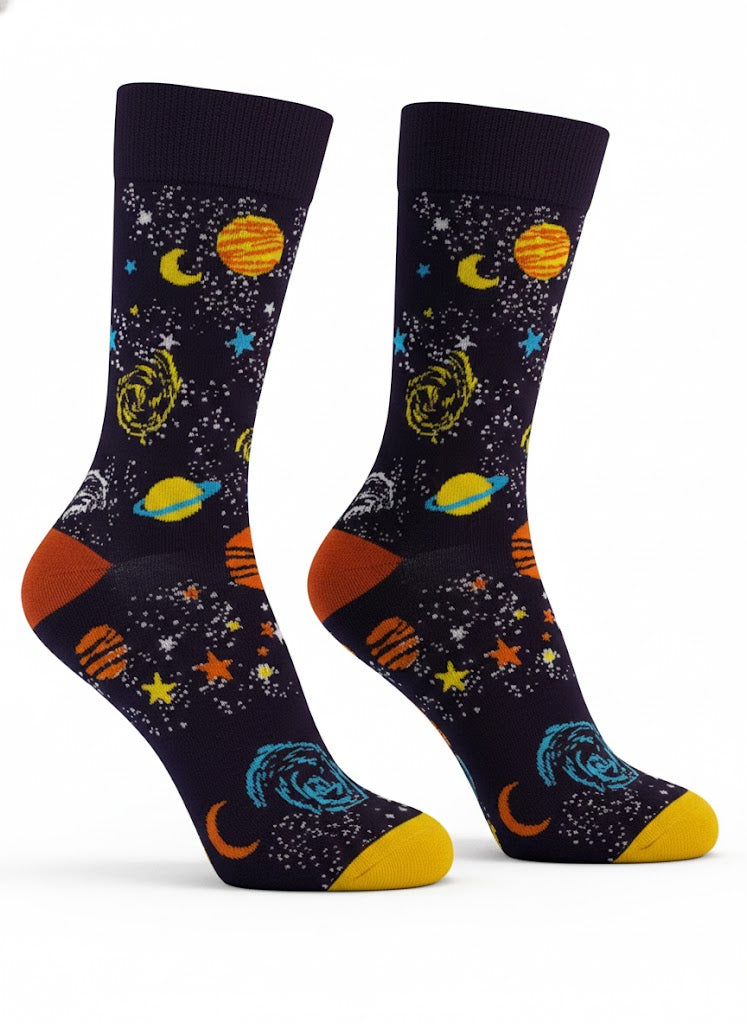Pair of socks with space-themed design featuring planets and stars on a black background.