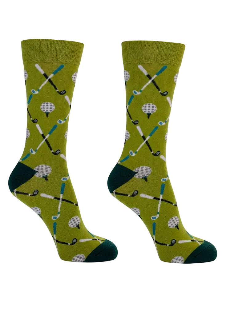 Green socks with golf-themed pattern on a white background