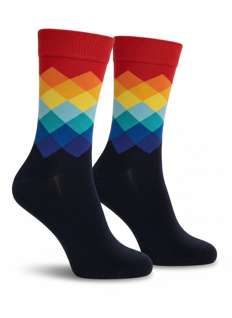 Colorful diamond-patterned socks with red tops on a white background