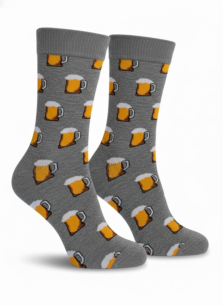 Gray socks with beer mug pattern on a white background