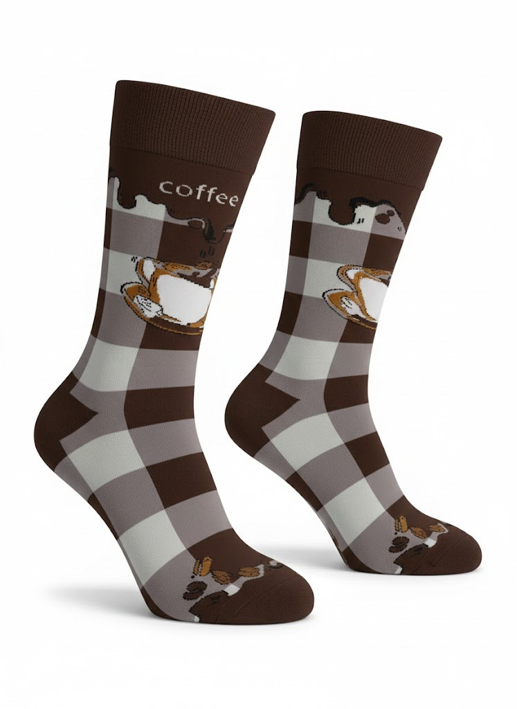 Pair of socks with checkered pattern and coffee design on a white background