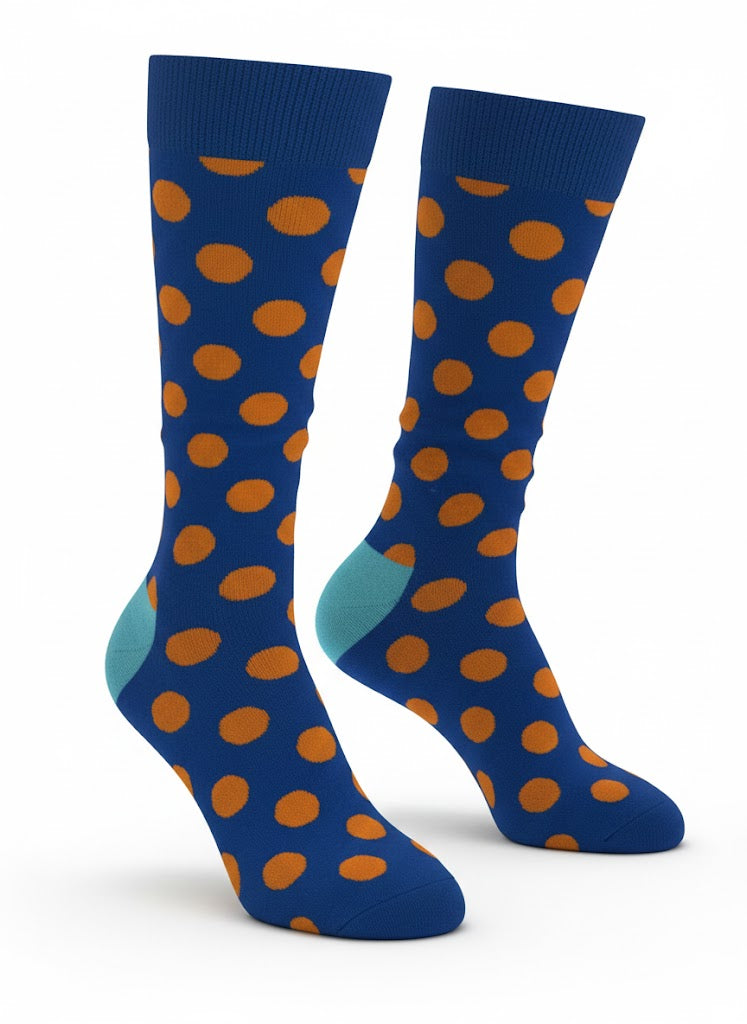 Blue socks with orange polka dots on a white background